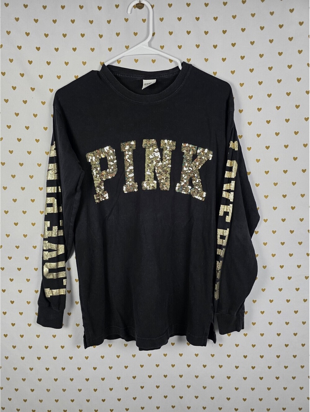 Victorias Secret PINK Gold Bling Sequined Long Sleeve Tee shirt Small